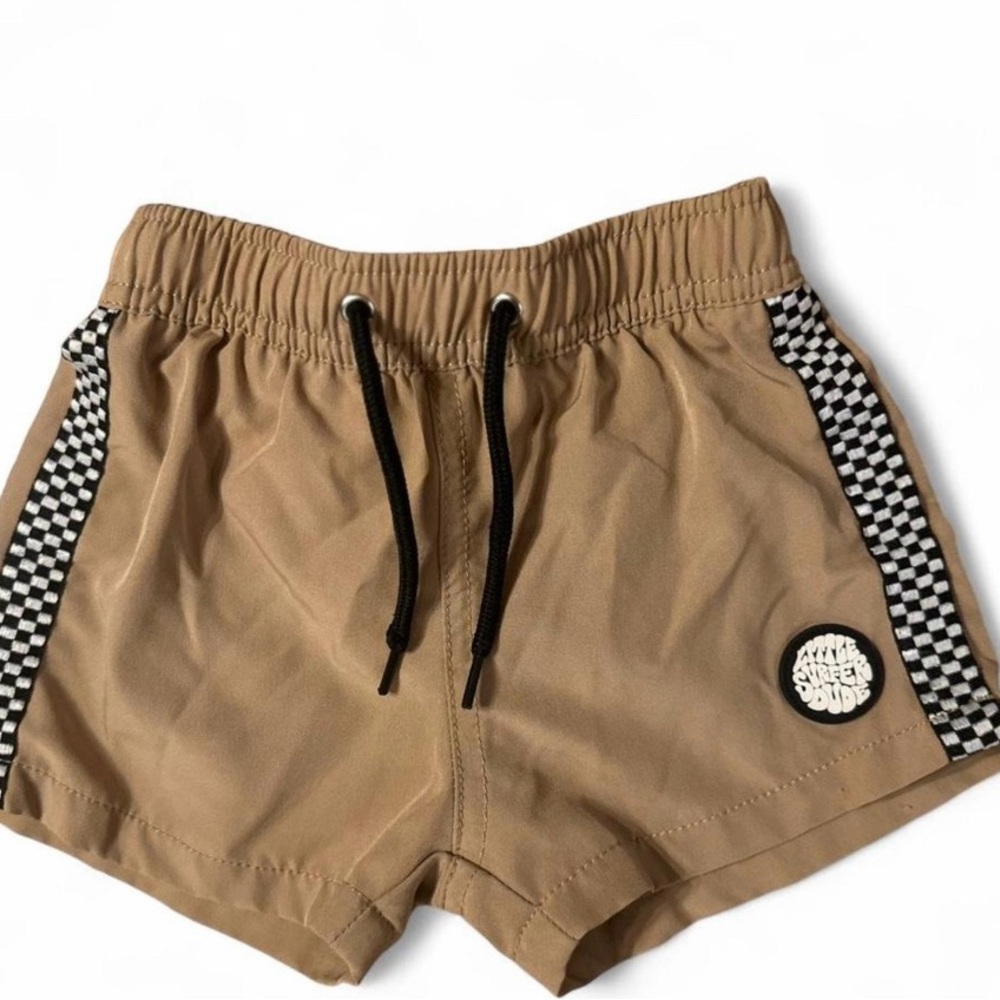 Little Surfer Dude Kids Tan Swim Trunks with Checkered Detail
